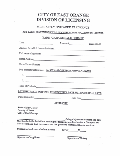 First page of the Yard or Garage Sale Permit Application