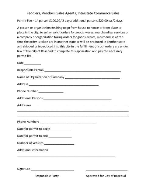 First page of the Peddlers, Vendors, and Sales Agents Permit Application