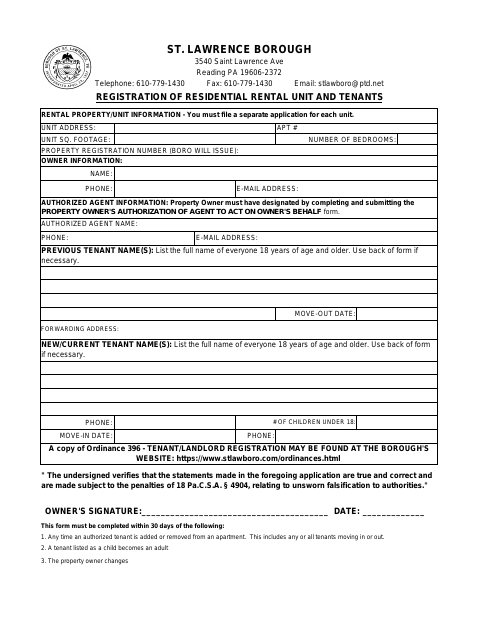 First page of the Registration of Residential Rental Unit and Tenants