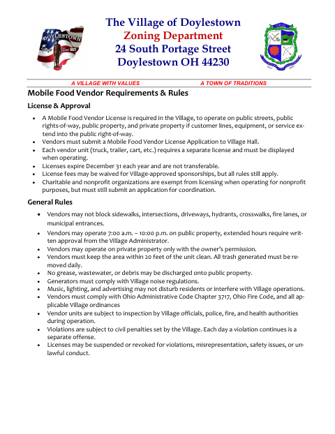 First page of the Mobile Food Vendor License Application
