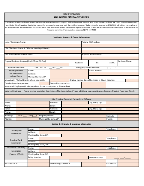 First page of the Business Renewal Application