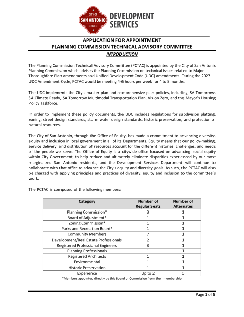 First page of the Planning Commission Technical Advisory Committee Application for Appointment