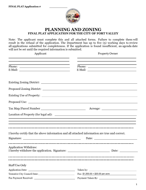 First page of the Final Plat Application