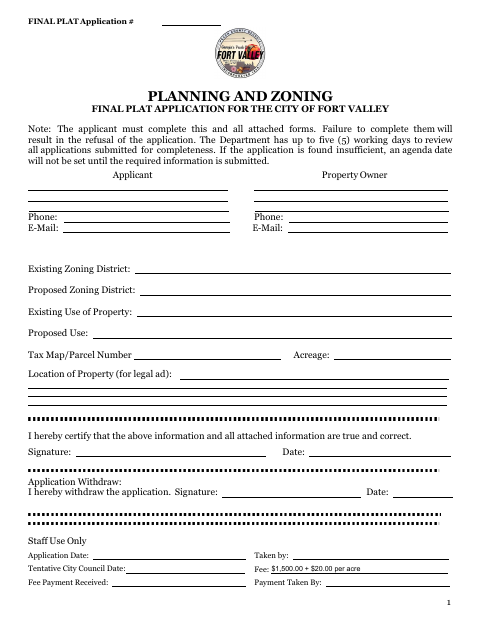 First page of the Final Plat Application