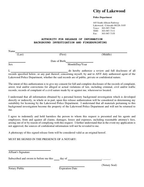 First page of the Background Investigation and Fingerprinting Release