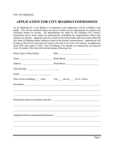 First page of the Application for City Boards and Commissions