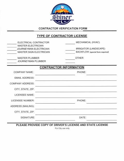 First page of the Contractor Verification Form