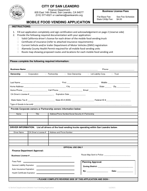 First page of the Mobile Food Vending Application