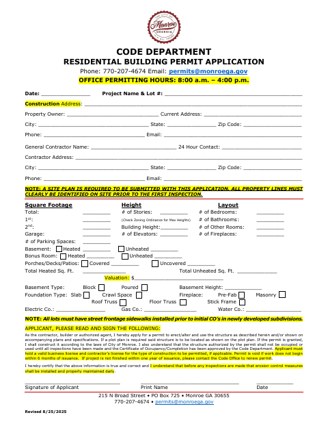 First page of the Residential Building Permit Application