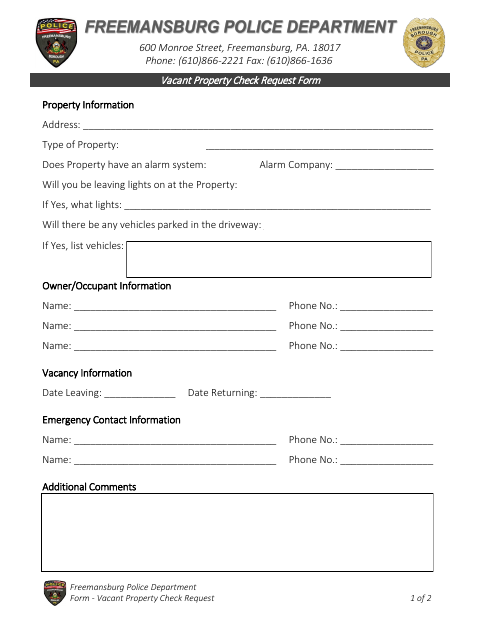 First page of the Vacant Property Check Request Form