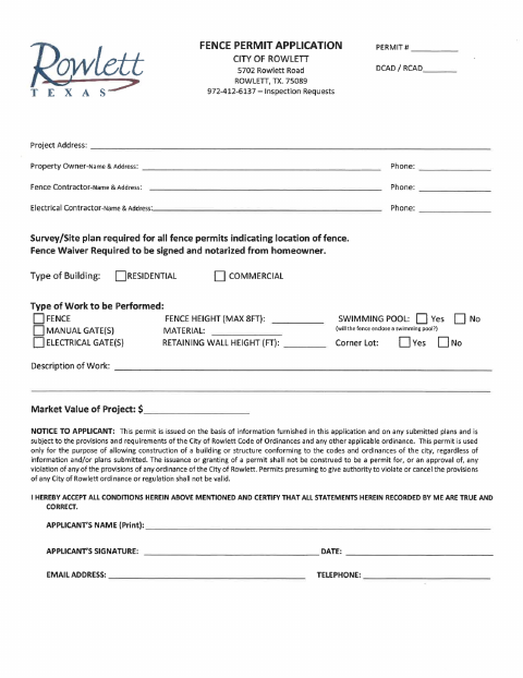 First page of the Fence Permit Application