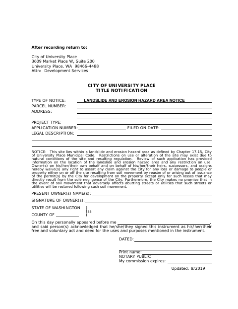 First page of the Landslide and Erosion Hazard Area Notice