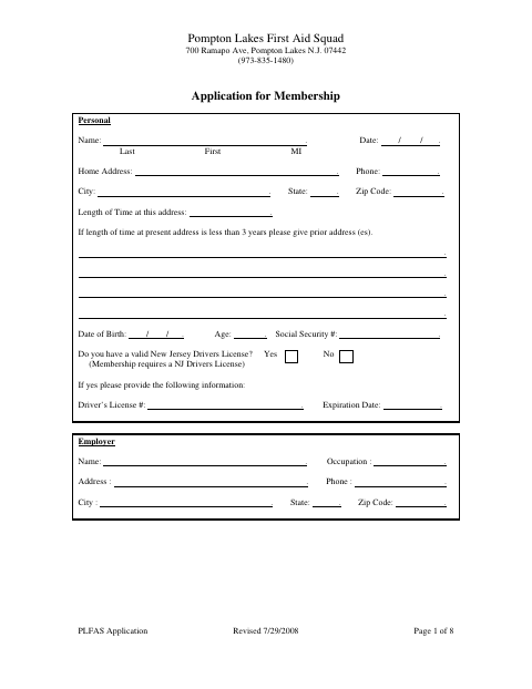 First page of the First Aid Squad Membership Application