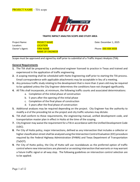 First page of the Traffic Impact Analysis Scope and Study Area