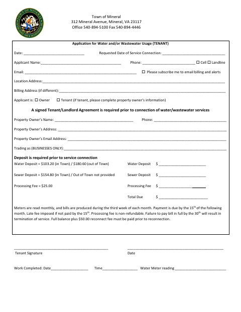 First page of the Application for Water and/or Wastewater Usage (Tenant)