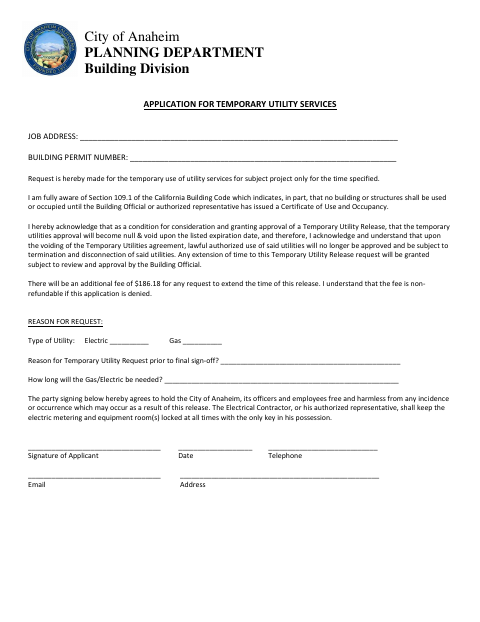 First page of the Application for Temporary Utility Services