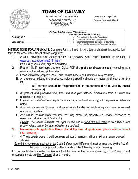 First page of the Zoning Board of Appeals Application