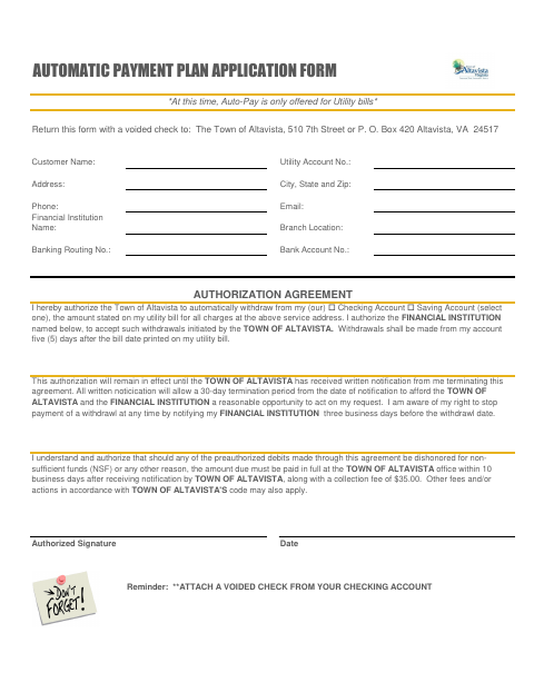 First page of the Automatic Payment Plan Application Form