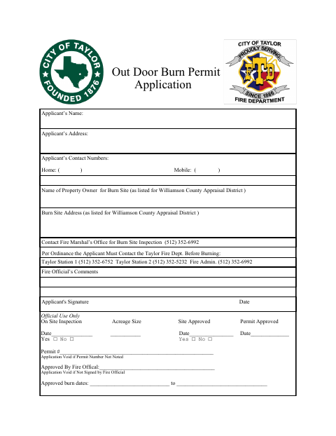 First page of the Outdoor Burn Permit Application