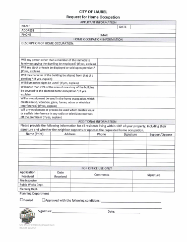 First page of the Home Occupation Application
