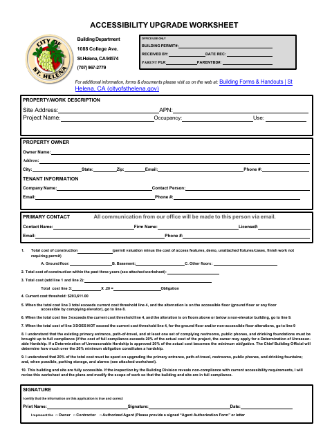 First page of the Accessibility Upgrade Worksheet