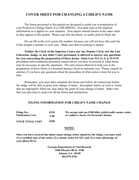 First page of the Minor Child Name Change Petition