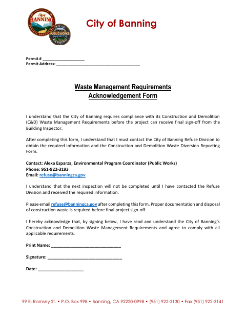 First page of the Waste Management Requirements Acknowledgement Form