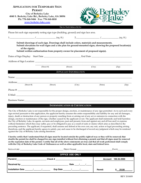 First page of the Application for Temporary Sign Permit