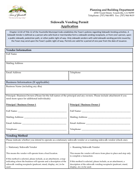 First page of the Sidewalk Vending Permit Application