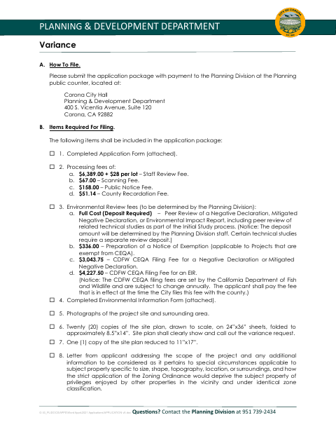 First page of the Major Variance Application