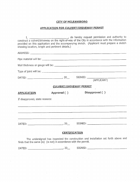 First page of the Culvert Driveway Permit Application