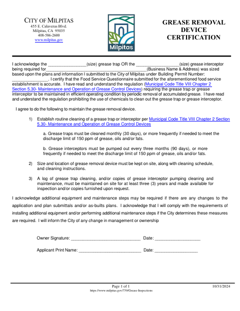 First page of the Grease Removal Device Certification