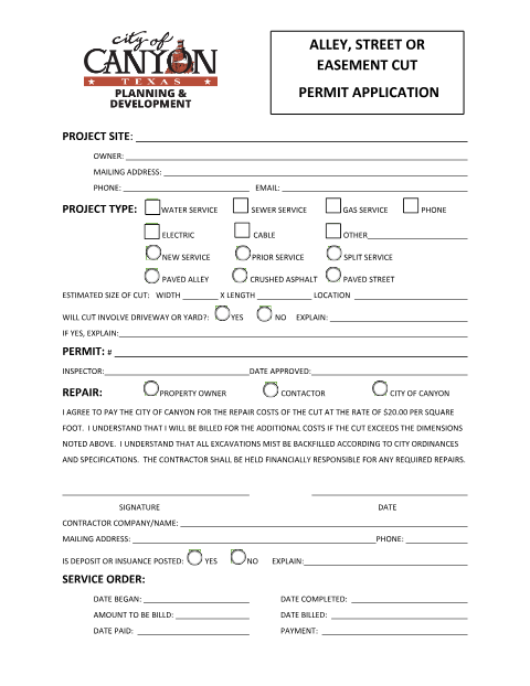 First page of the Alley/Street/Easement Cut Permit Application