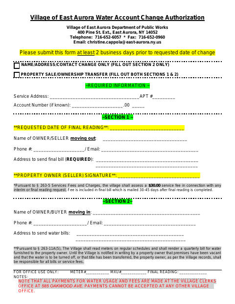 First page of the Water Account Change Authorization