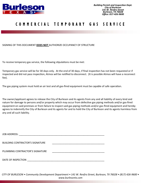 First page of the Commercial Temporary Gas Service