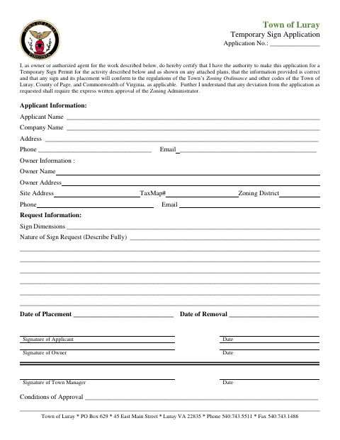 First page of the Temporary Sign Application