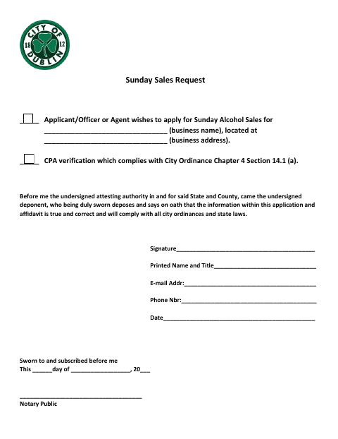 First page of the Sunday Alcohol Sales Request