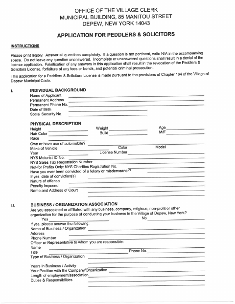 First page of the Application for Peddlers and Solicitors