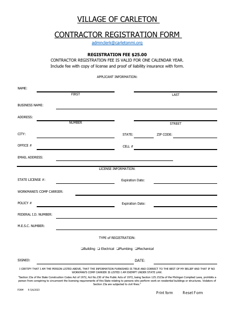 First page of the Contractor Registration Form