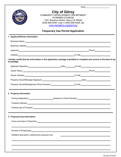 First page of the Temporary Use Permit Application