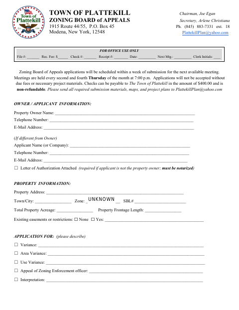 First page of the Zoning Board of Appeals Application