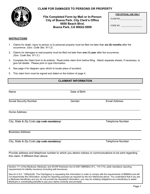 First page of the Claim for Damages to Persons or Property