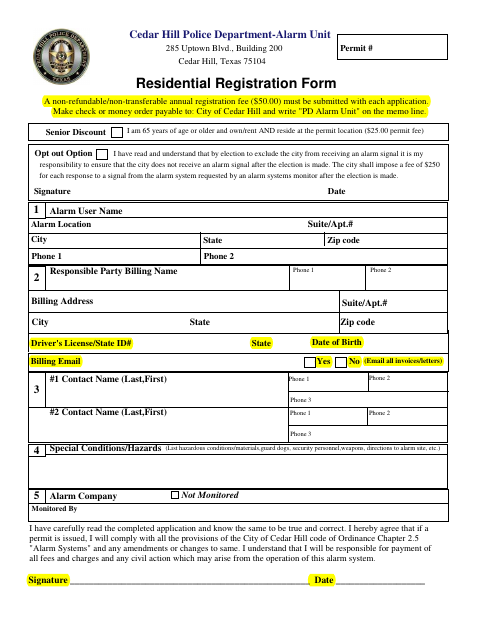 First page of the Residential Registration Form