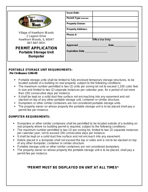 First page of the Portable Storage Unit Dumpster Permit Application