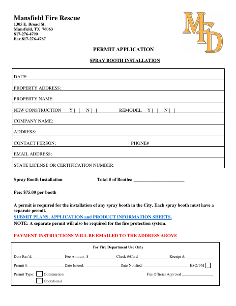 First page of the Spray Booth Installation Permit Application