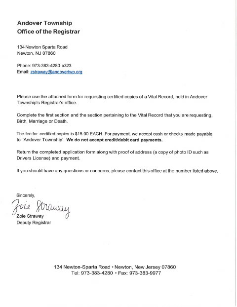 First page of the Vital Records Request