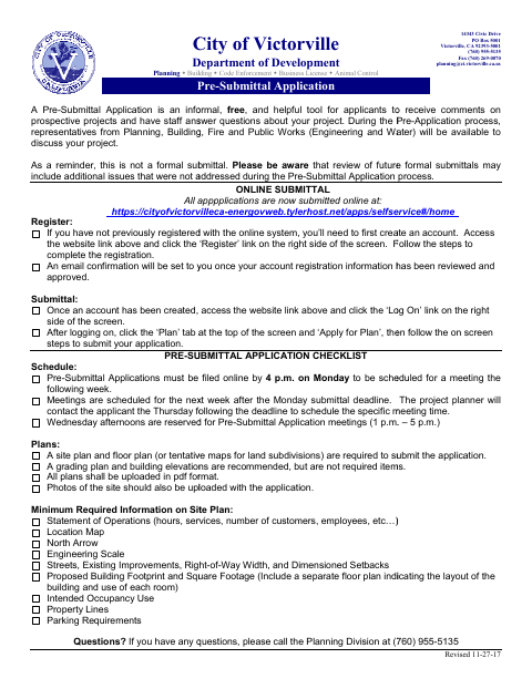 First page of the Pre-Submittal Application