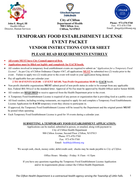 First page of the Temporary Food Establishment License Event Packet