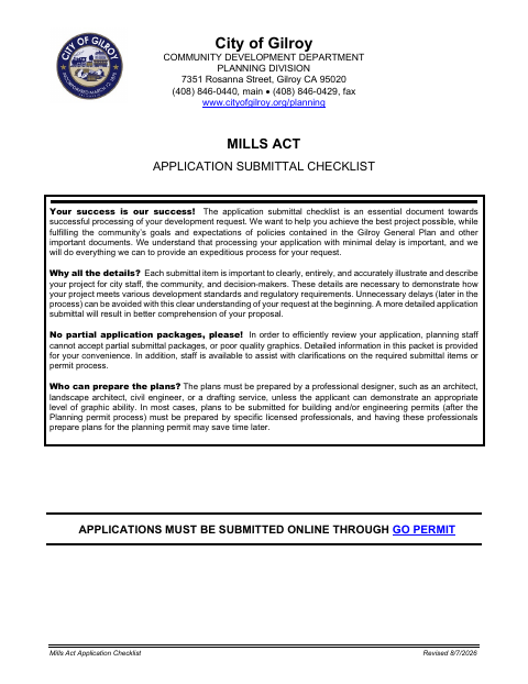 First page of the Mills Act Application Checklist