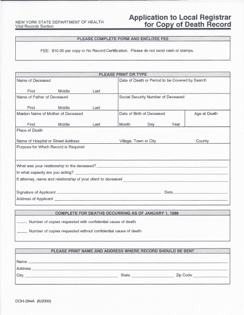 First page of the Application to Local Registrar for Copy of Death Record